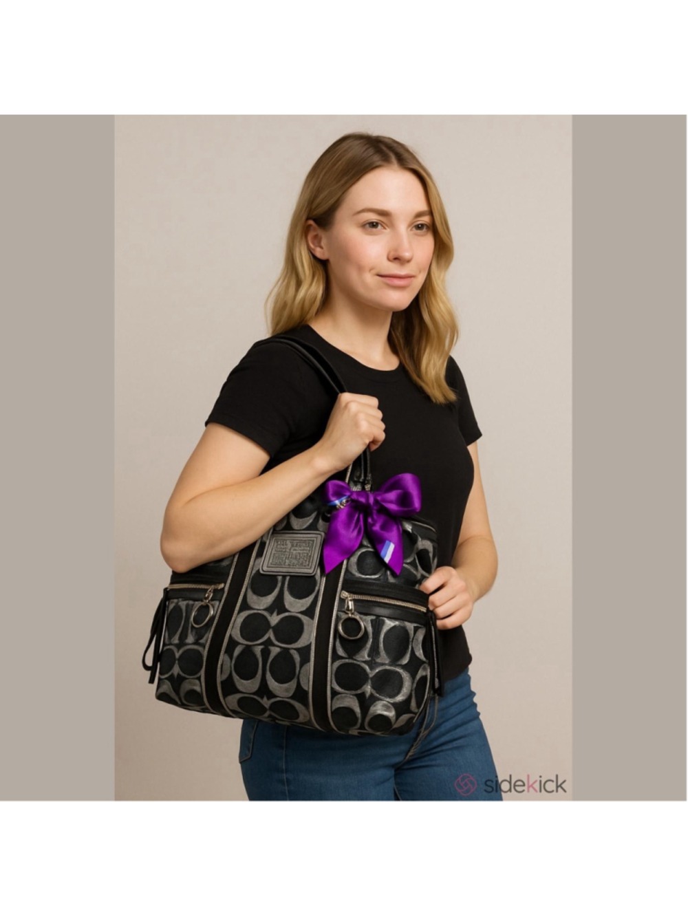Coach Poppy Lurex Satchel Black Silver Plum 14435 Large